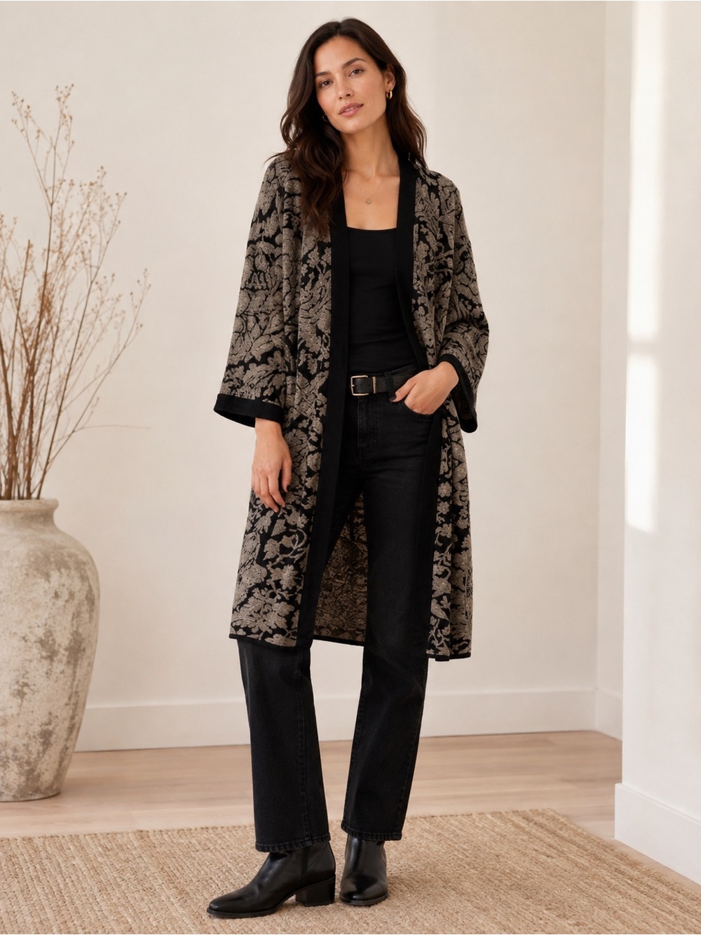 Peruvian Connection Jacquard Floral Open Front Cardigan , sz : M\ L